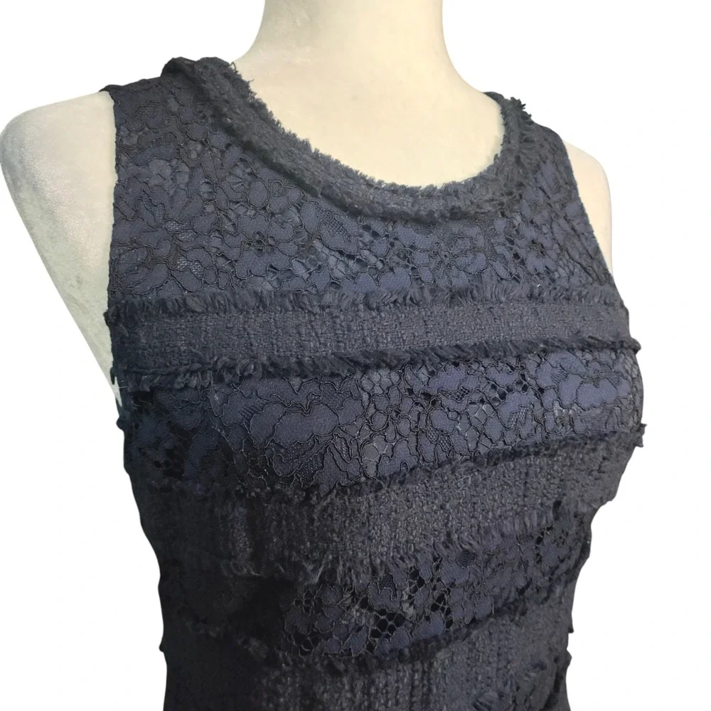 J. Crew Navy Blue Lace Trim Top Sleeveless Mixed Media Office Career Preppy XS
